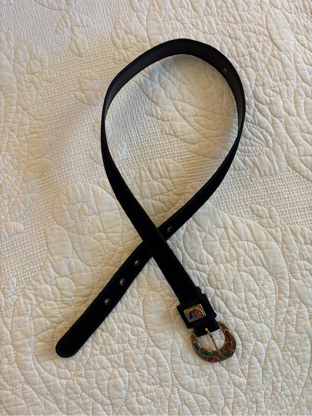 Vintage Black Women's Belt with Multicolor Stone Buckle